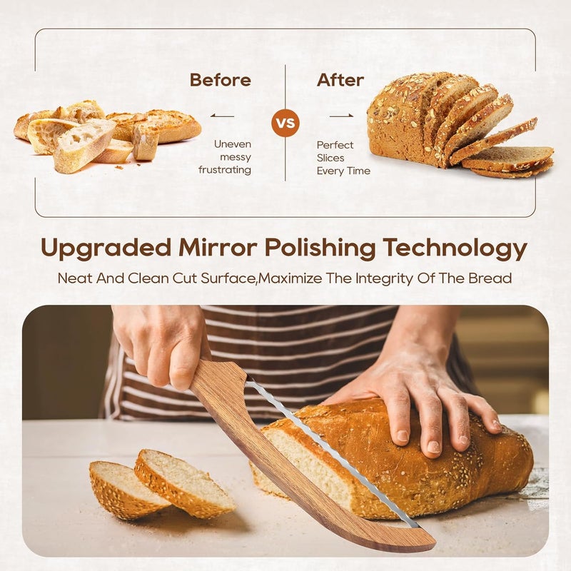 Mooues Sourdough Bread Knife, 15.7" Acacia Wood Double Serrated Bread Slicer, Ergonomic Handler, Premium Stainless Steel Bread Bow Knife for Homemade Bread, Bagels, and Baguettes - Image 3